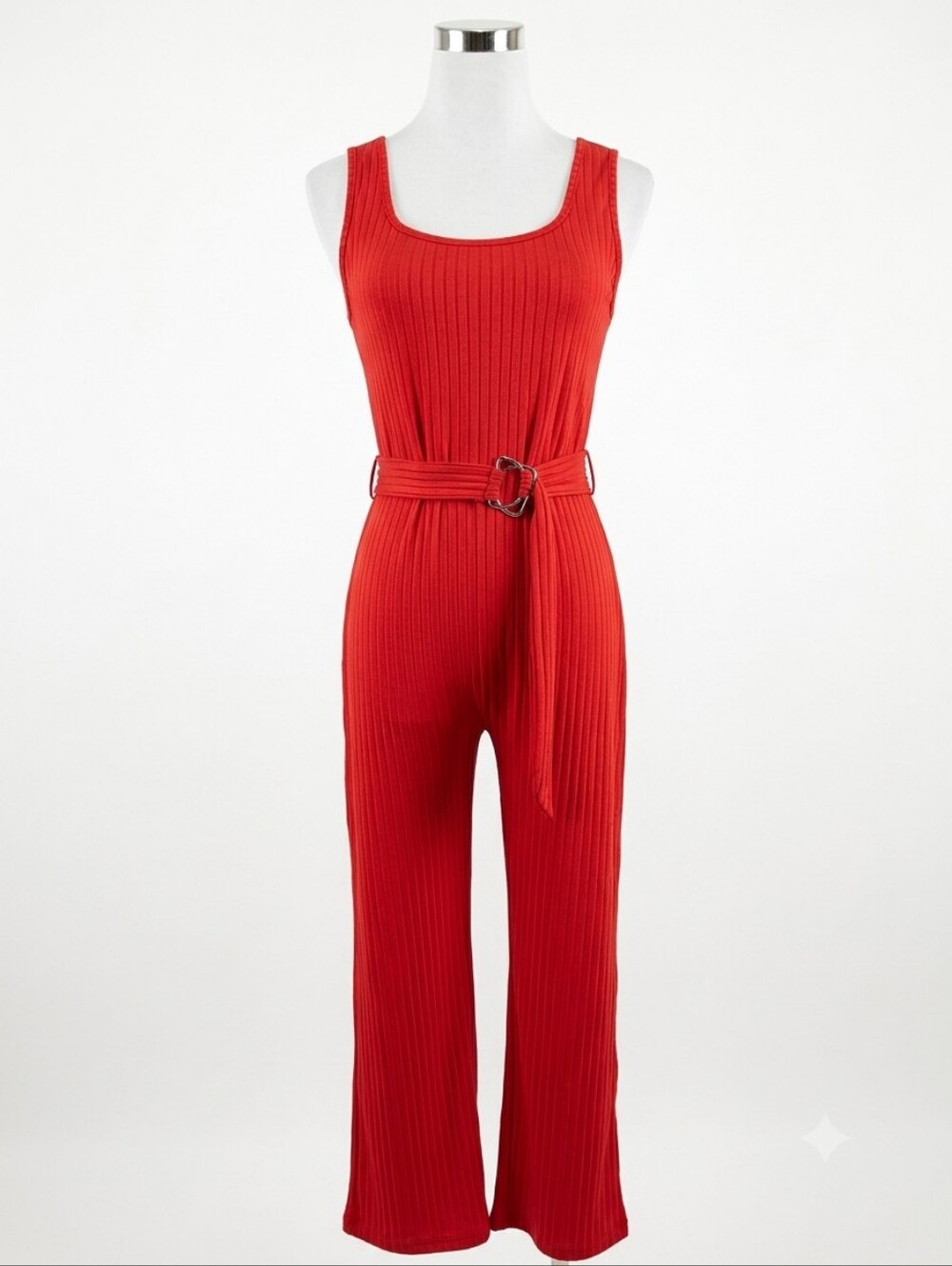 Ellie & Kate Women’s Red Ribbed Sleeveless Belted Square Neck Jumpsuit L